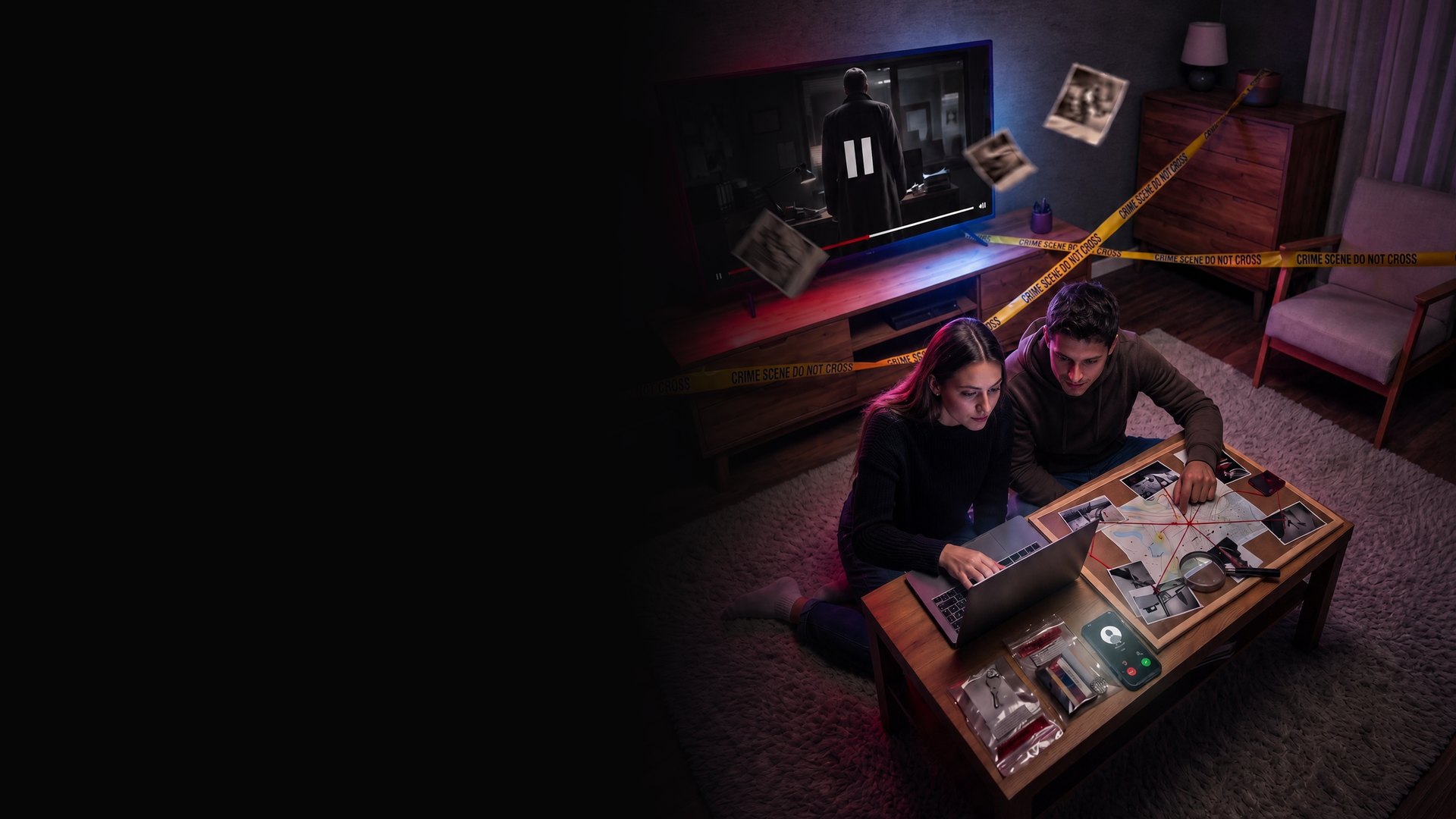 A couple playing the murder mystery at home at night, a crime series paused on the TV behind them, police tape and evidence photos flying around the room