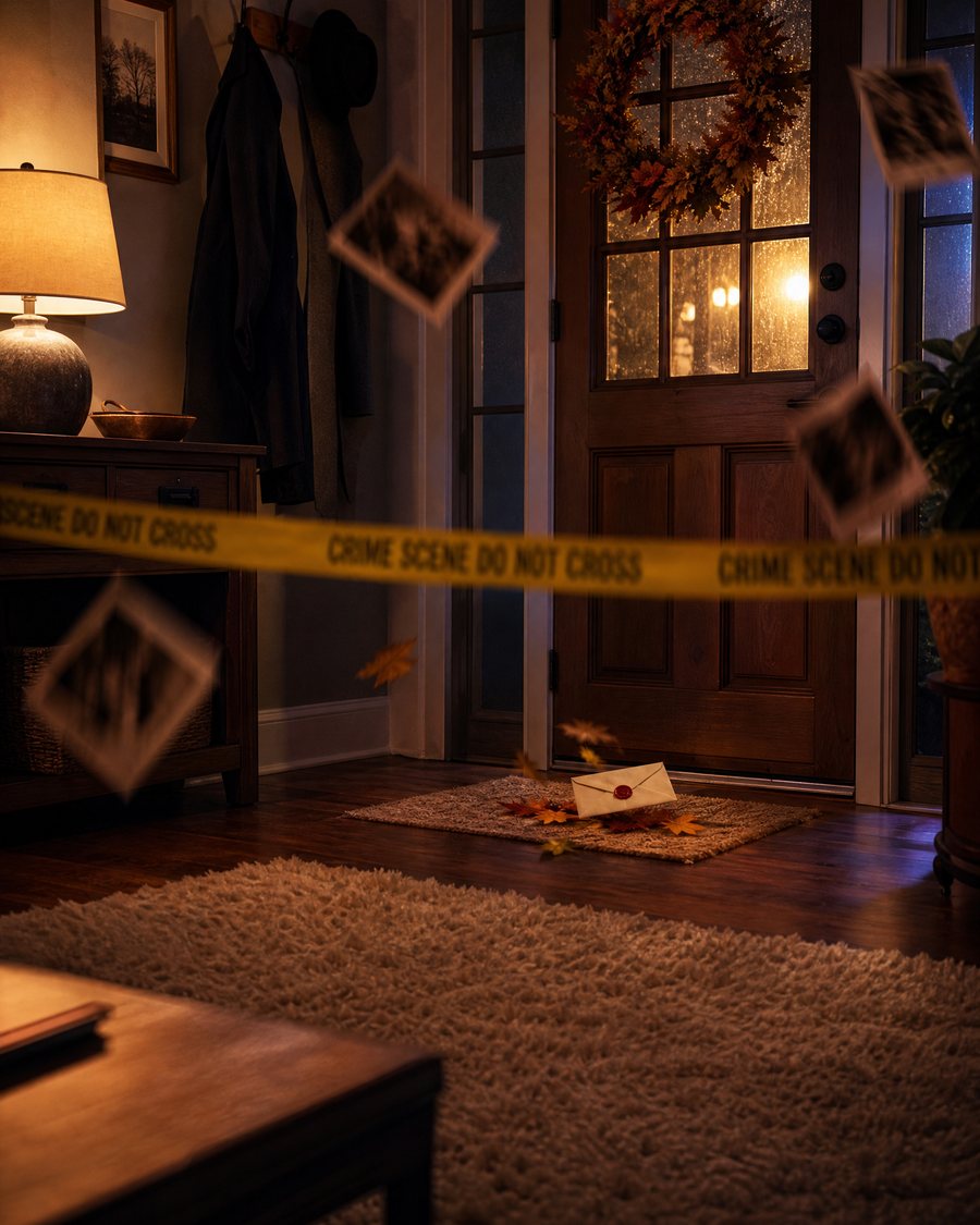 A woman picking up an envelope from her doormat at night
