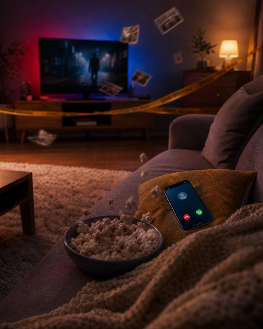 A phone lighting up with a call on a nightstand, a woman reaching for it from her bed