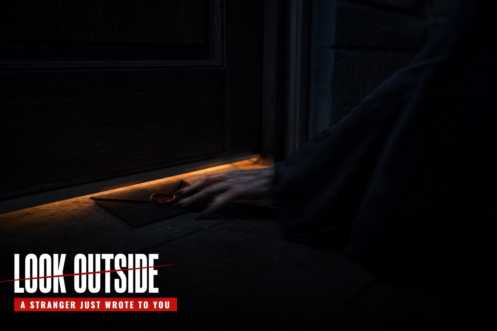 In their hallway at night, a man kneels and reads a creepy letter that came through the mail slot, small bones on the doormat, goat-masked figures behind the frosted glass of the door