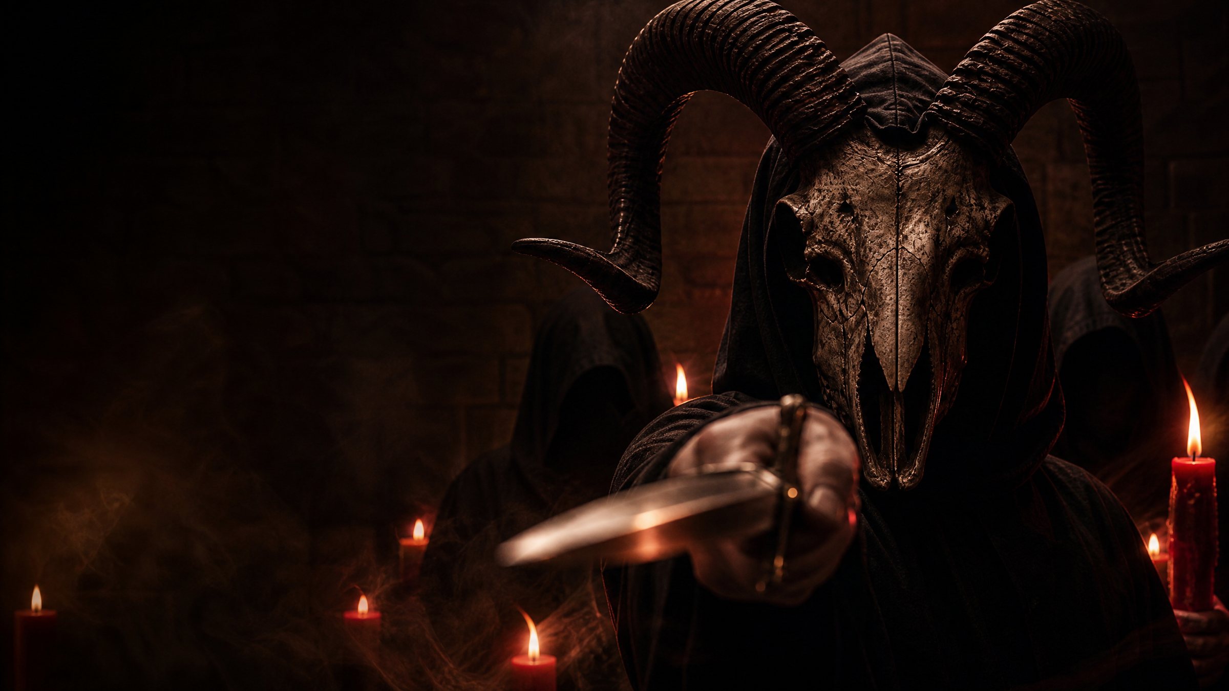 The cult leader in a cracked goat skull mask points a ritual dagger at you, red candles and hooded members behind him.