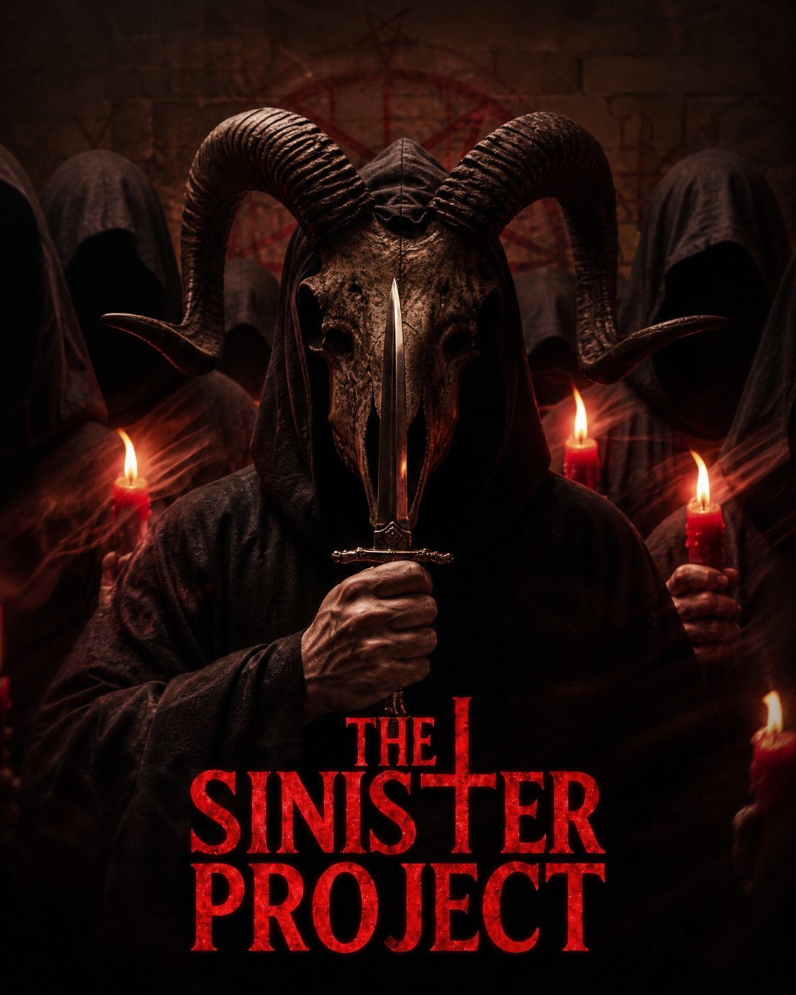 The Sinister Project poster: a hooded cultist wearing a horned ram skull mask in a gothic church, in red smoke.