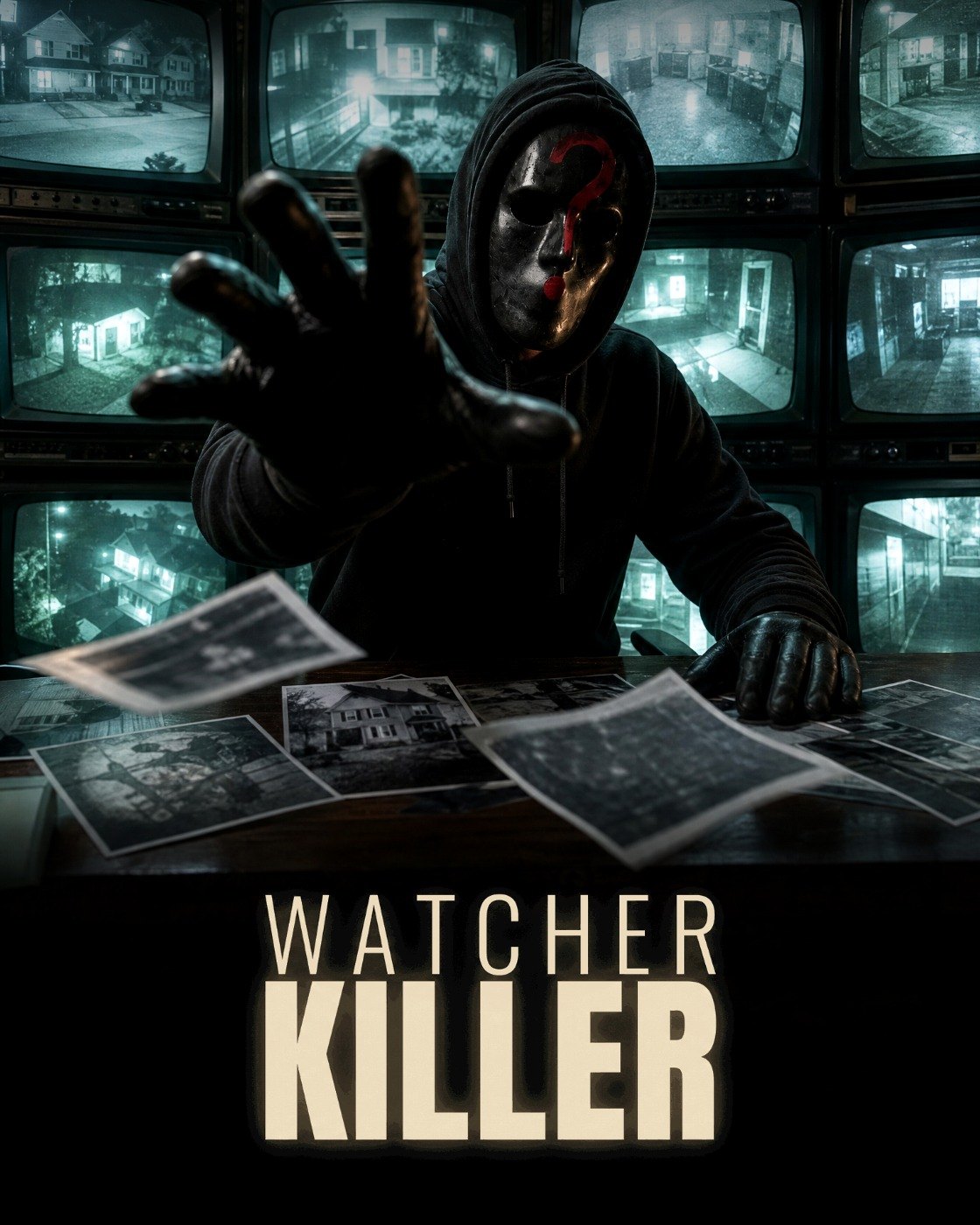 The Watcher Killer poster: a hooded figure in the rain whose black mask carries a red question mark, police lights and crime scene tape behind him, a wall of pinned question marks at his side. At the top, the words: he chose you, nobody knows why. Under the title, the marks of Enigma Quest Studio and Murder Experience.