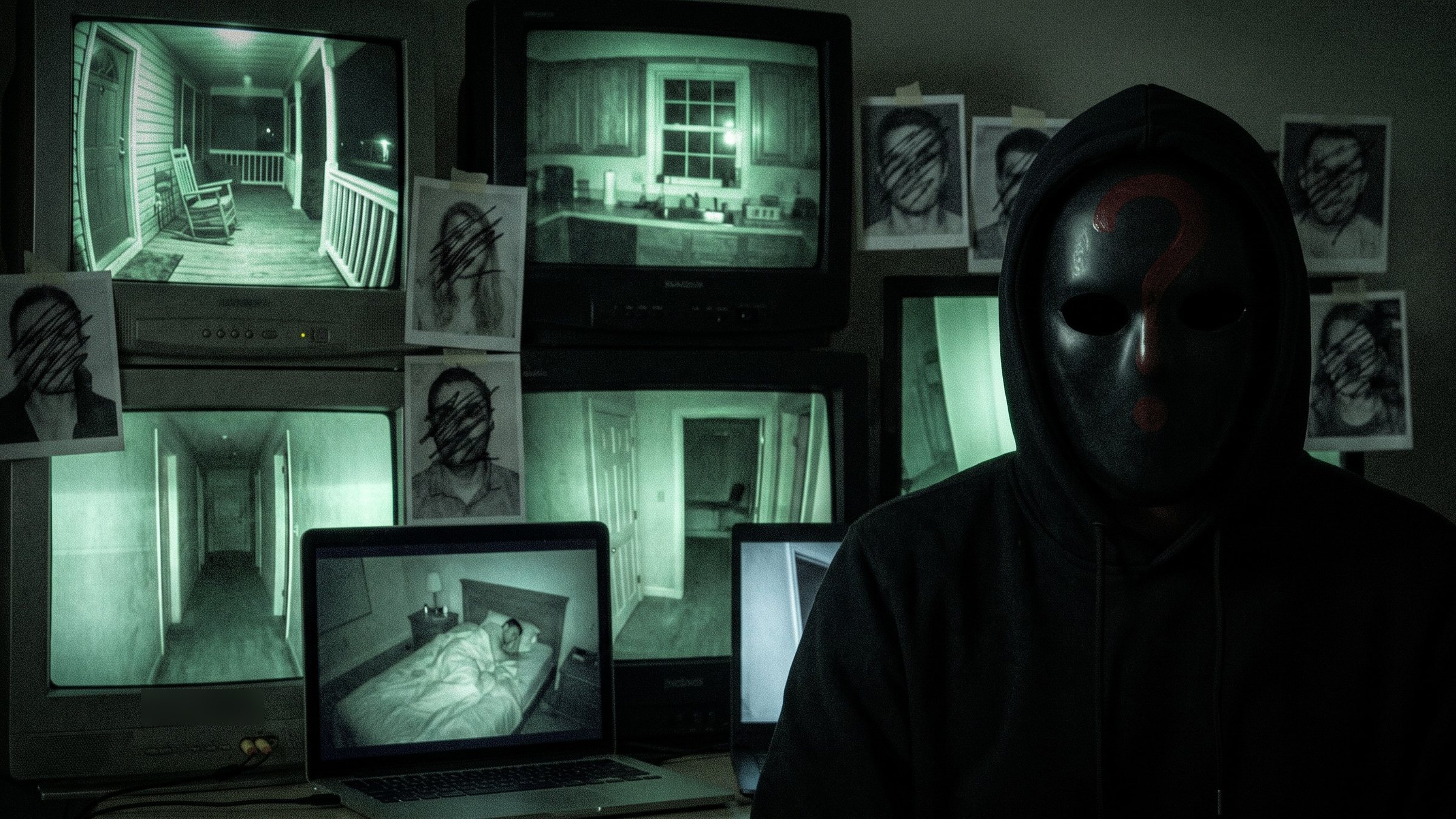 A hooded man in a black mask marked with a red question mark sits in the dark and faces you. Behind him, a wall of old screens shows night vision views of ordinary homes, between photographs pinned to the wall.
