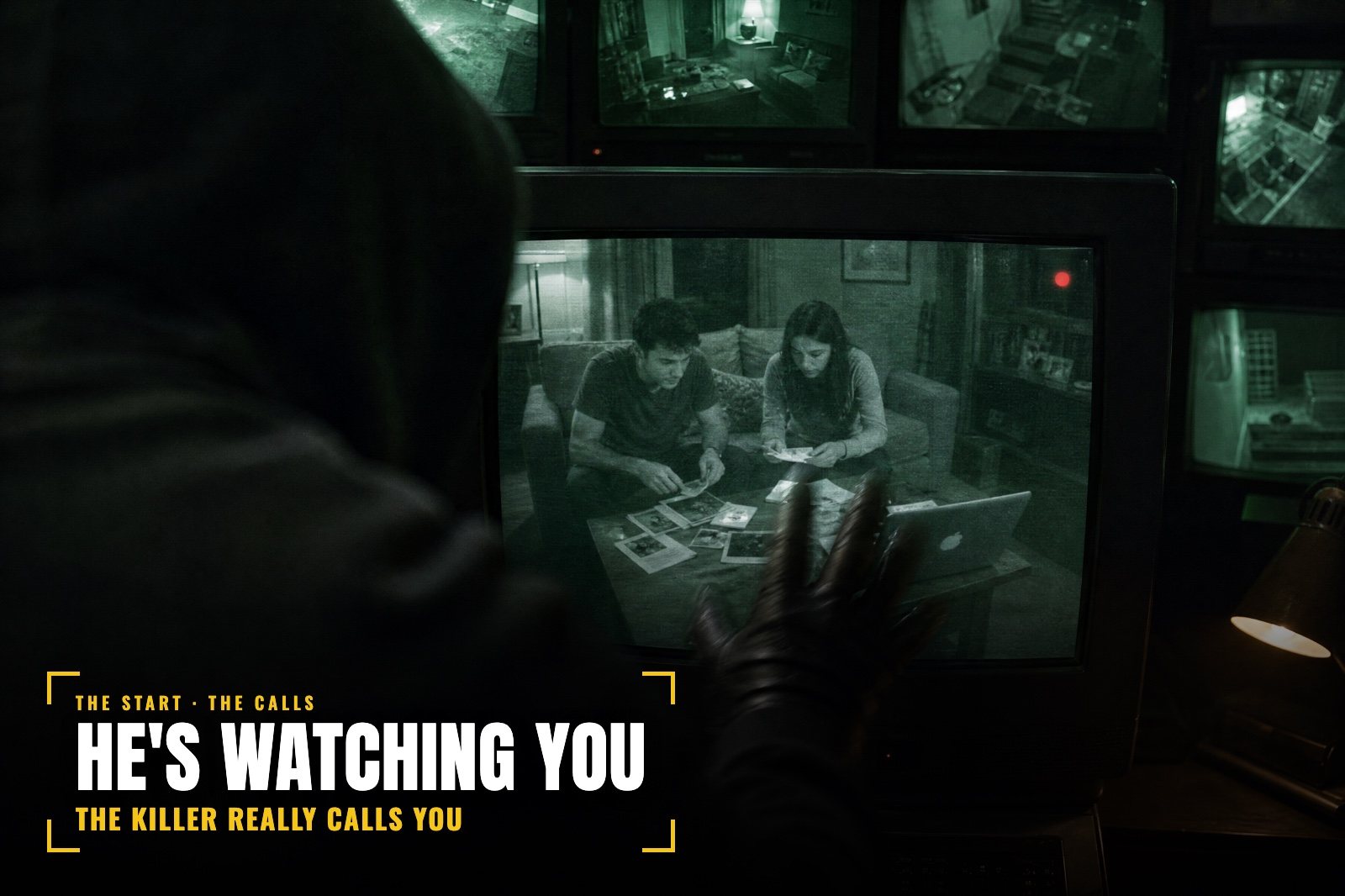 From behind, the hooded killer watches a couple on his night vision monitor as they sort photos on their coffee table, his gloved hand reaching for the screen