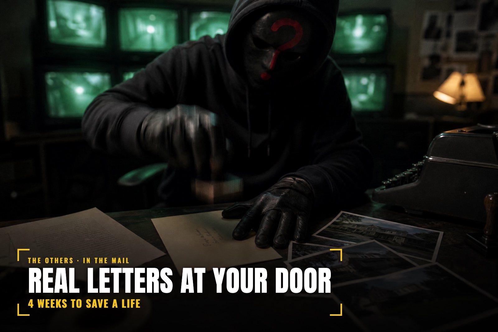 At his desk, the masked killer with a red question mark on his mask stamps a letter, photos of a house beside it and security monitors behind him